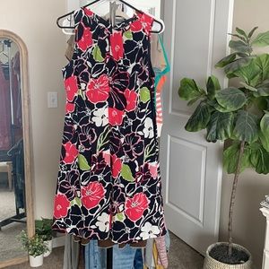 Banana Republic navy floral sleeveless dress business Easter pleated neck, waist